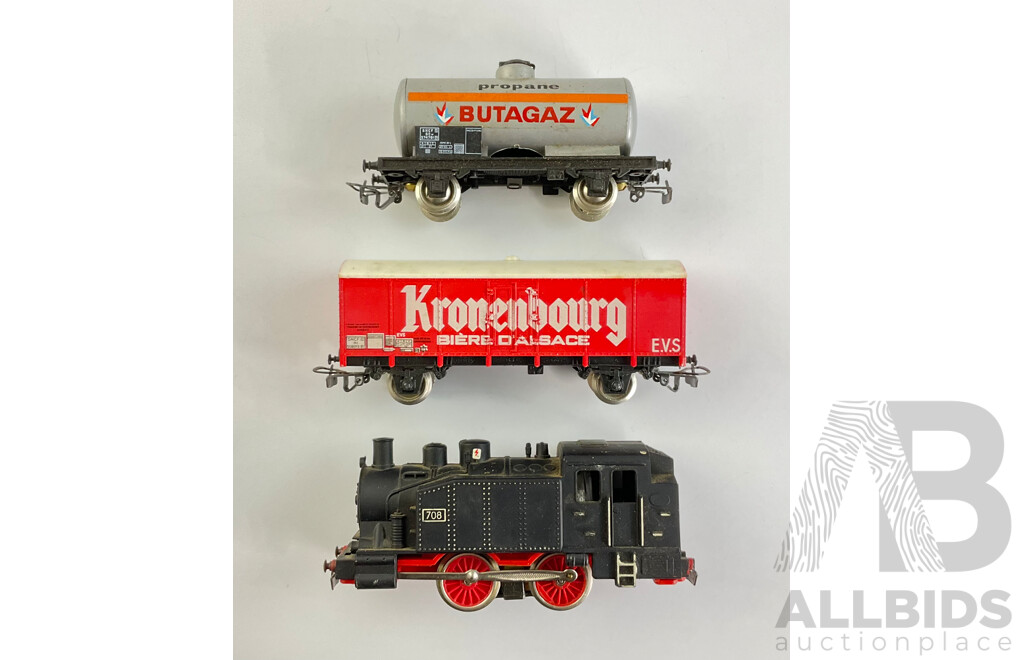 Vintage Jouef HO Scale 0-4-0 Steam Locomotive, Fuel Tanker and Freight Wagon in Original Boxes