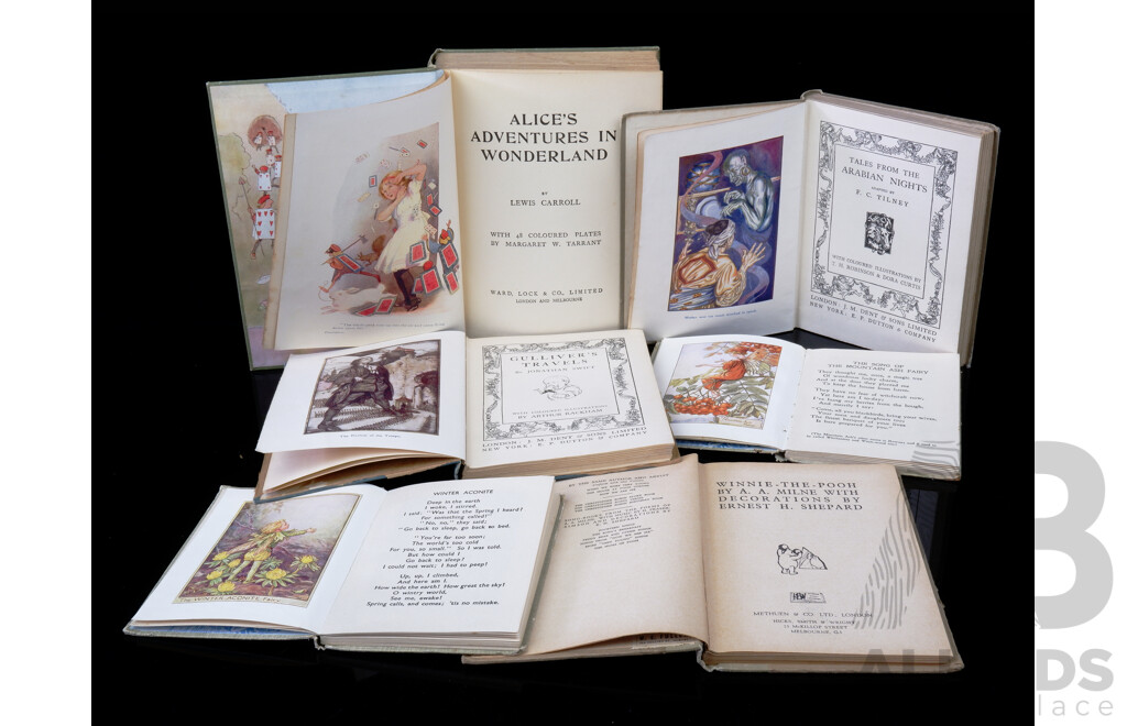 Collection Antique & Vintage Classic Childrens Books Including Arabian Nights 1919, Alice in Wonderland, Gullivers Travels and More