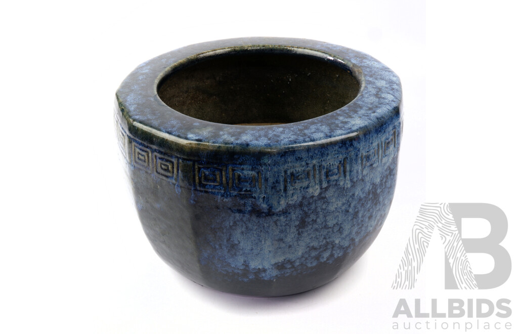 Hand Made Japanese Pottery Jardiniere with Mottled Blue Glaze and Impressed Motif to Rim
