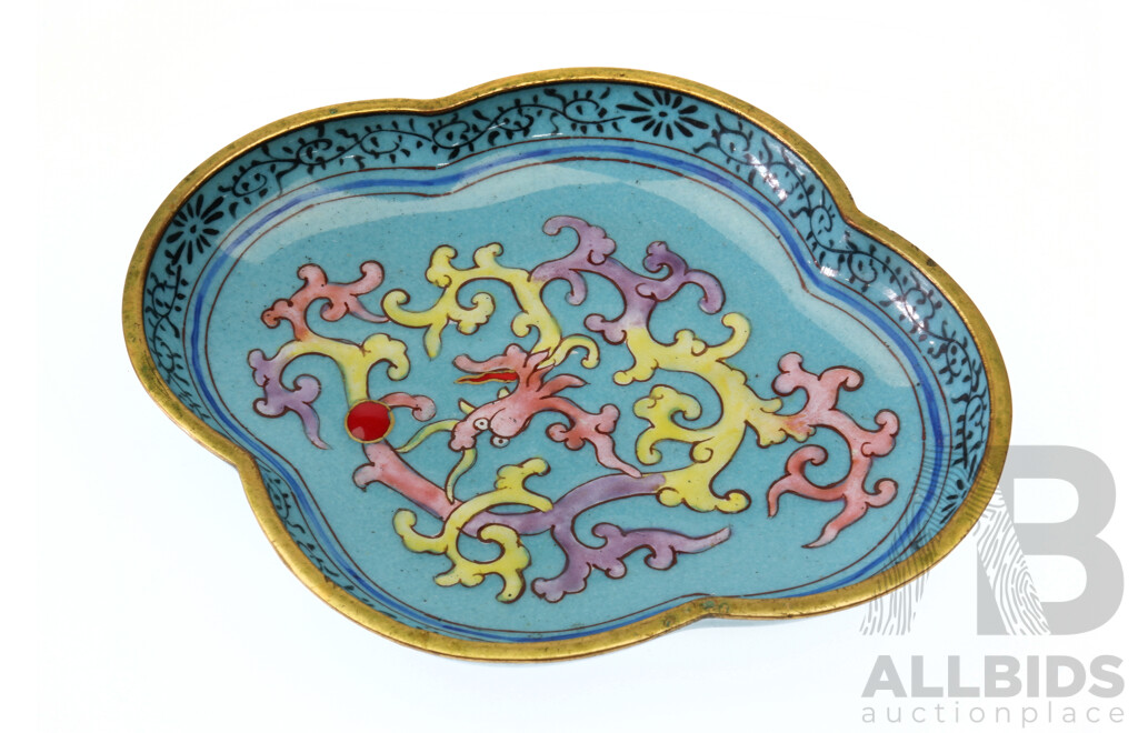Vintage Chinese Enamel Lobbed Tray with Famille Rose Dragon Decoration