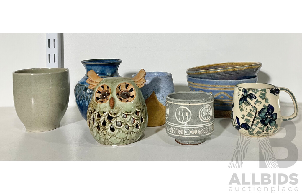 Collection Studio Pottery Pieces Including Owl Form Oil Burner