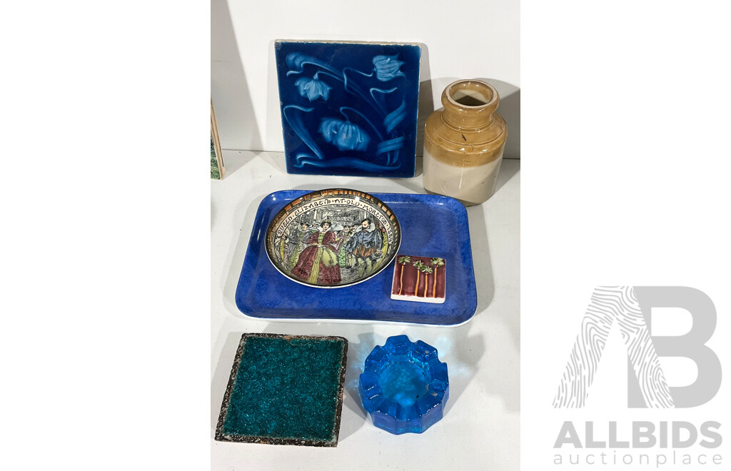 Collection Vintage Items  Including Limoges Blue Tray, Royal Doulton Old Morton Bowl, Three Antique Tiles, Maxwell and Williams Demitasse Set and More