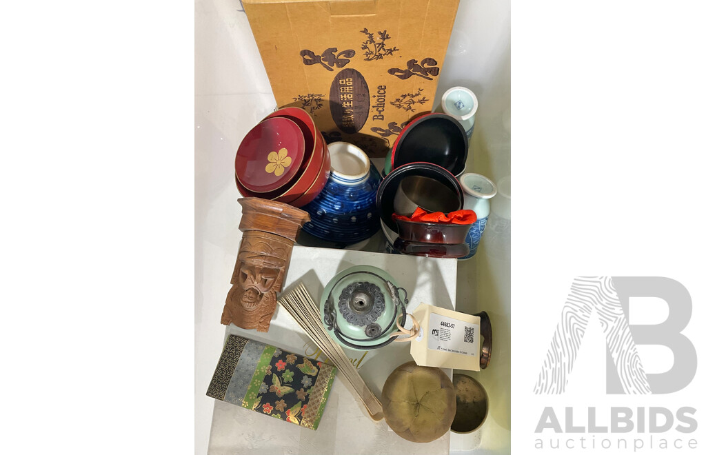 Collection Asian Items Including Cinnabar Style Lidded Dish, Vietnamese Celedon Opium Pipe, Tibetan Brass Bowls on Stands, Pearl Chinese Glass Bird Form Tea Pot in Box and More