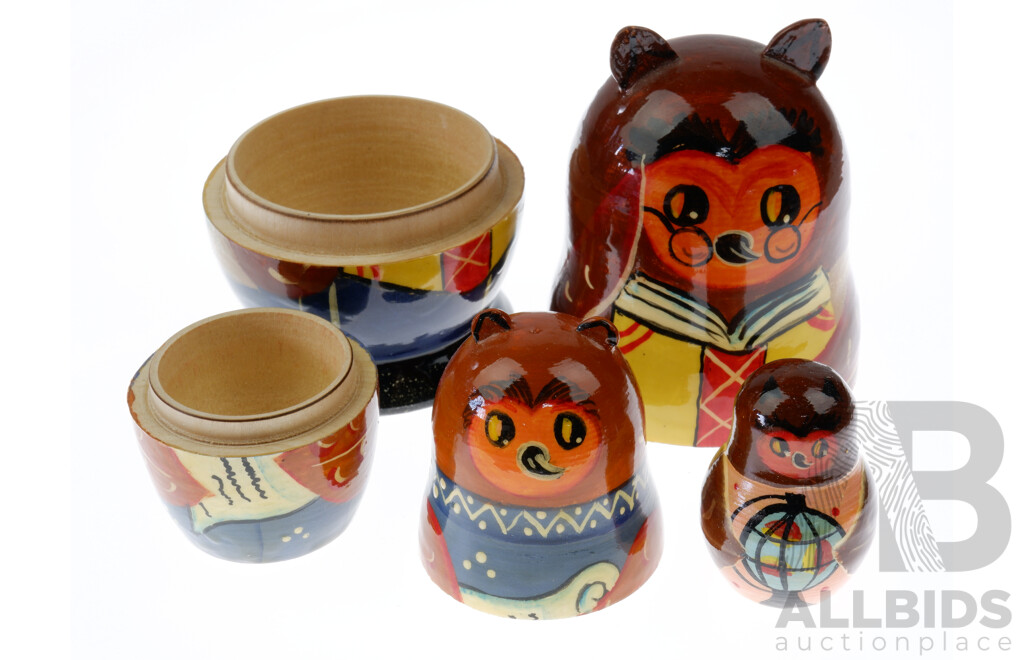 Hand Made Russian Bear Form Babushka Dolls in Three Sizes