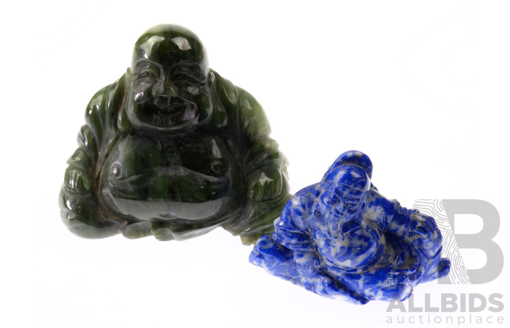 Hand Carved Chinese Lapis Lazuli and Green Stone Buddha Figures