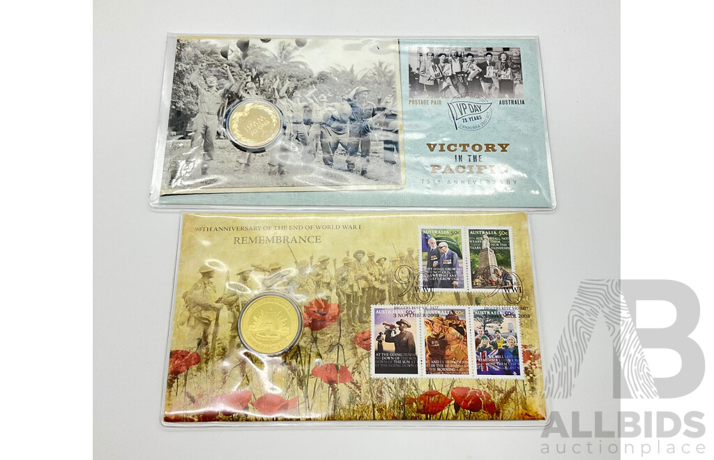 Australian Carded UNC One Dollar Coins, 2008 90th Anniversary of the End of World War One PNC and 2020 75th Annivesary of Victory in the Pacific