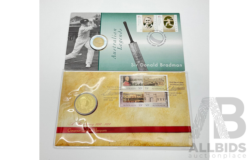 Australian 2010 One Dollar Governor Lachlan Macquarie and 1997 Five Dollar Coin Donald Bradman PNCs