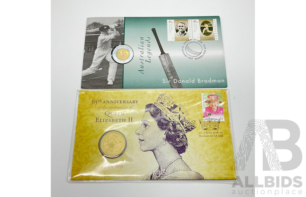 Australian 2018 One Dollar Coin, Queen Elizabeth 65th Coronation Anniversary PNC and 1997 Five Dollar Coin Donald Bradman PNC