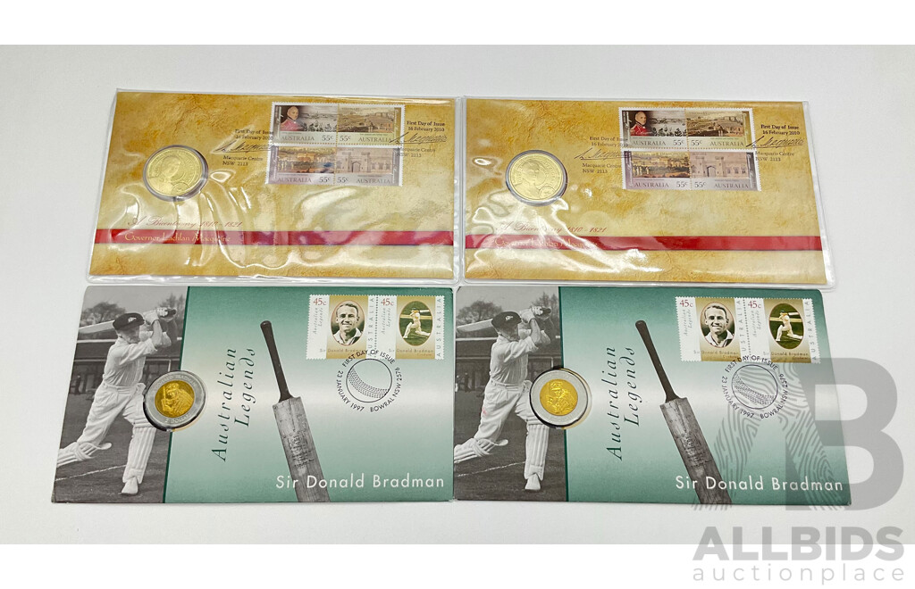Australian 2010 One Dollar Governor Lachlan Macquarie PNC (2) and 1997 Five Dollar Coin Donald Bradman PNC (2)