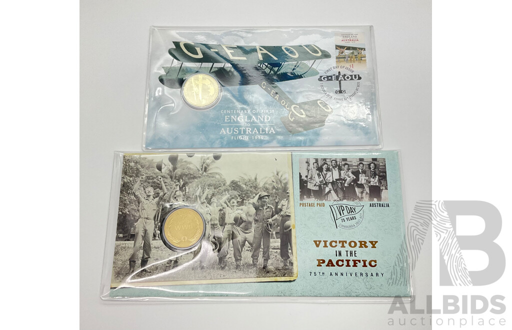 Australian 2020 One Dollar 75th Annivesary of Victory in the Pacific and 2019 One Dollar Centenary of the First England to Australia Flight PNC