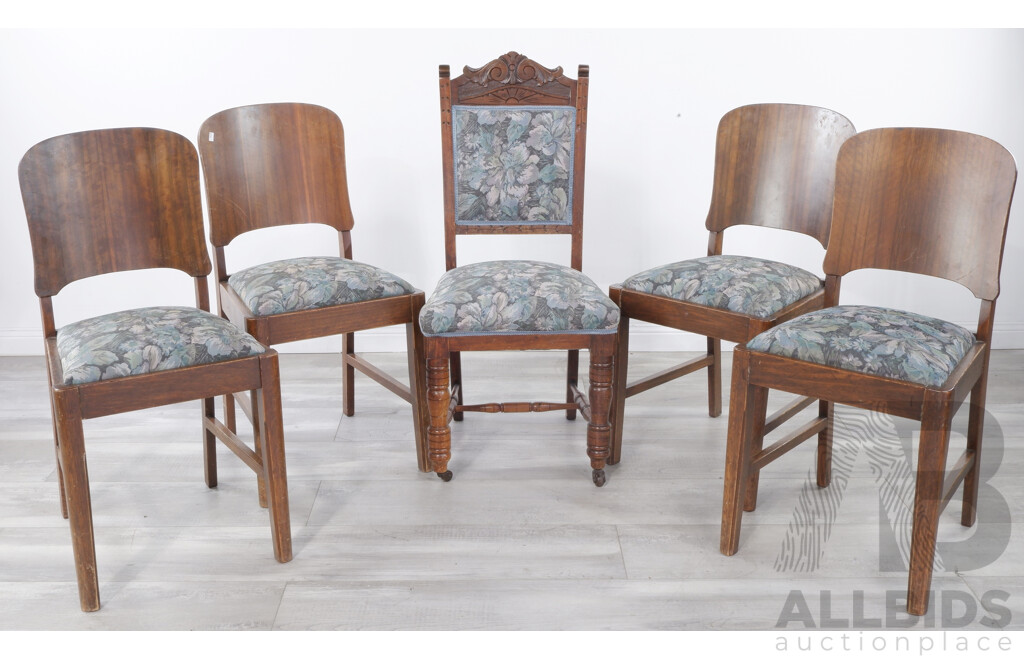 Four Art Deco Dining Chairs and One Edwardian Chair All with Tapestry Upholstery
