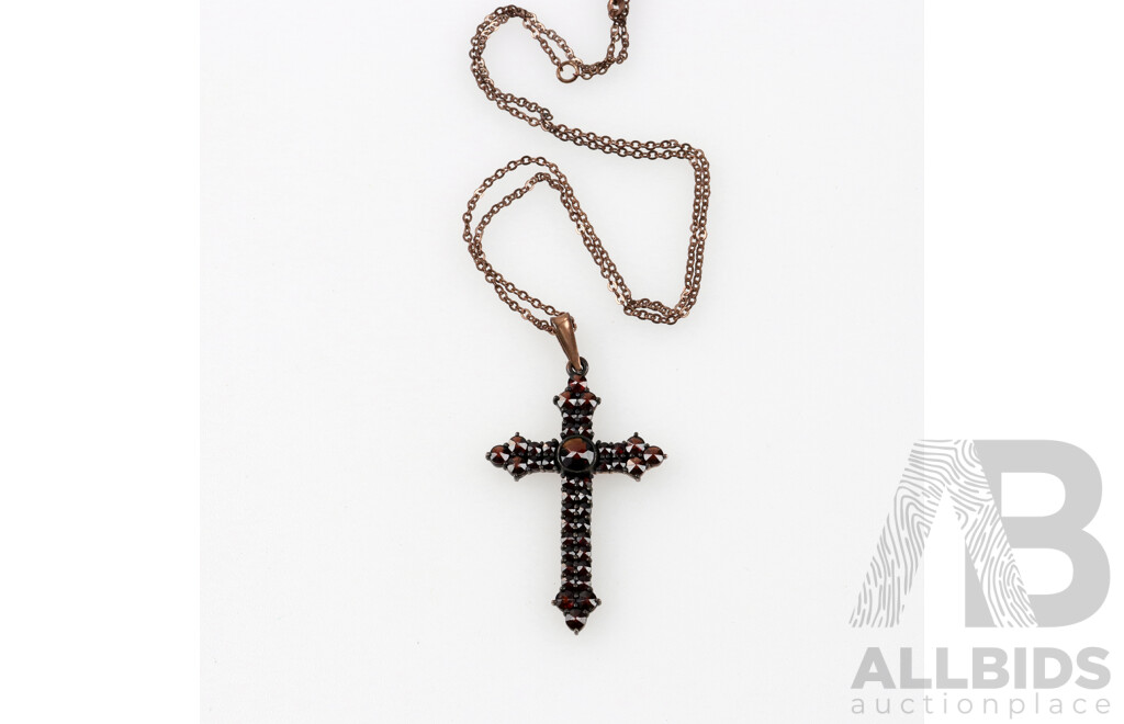 Vintage Sterling Silver Garnet Cross Pendant, 50mm Long with 45cm Chain, Rose Gold Plated, Both Hallmarked 925