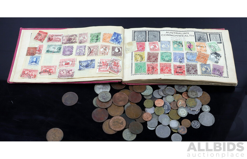 The Everyland Illustrated Postage Stamp Album Including Australian Pre-Decimal Stamps and International Coins with Australian 1966 Round Fifty Cent Piece