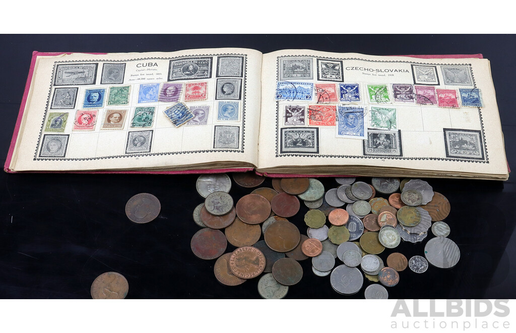 The Everyland Illustrated Postage Stamp Album Including Australian Pre-Decimal Stamps and International Coins with Australian 1966 Round Fifty Cent Piece