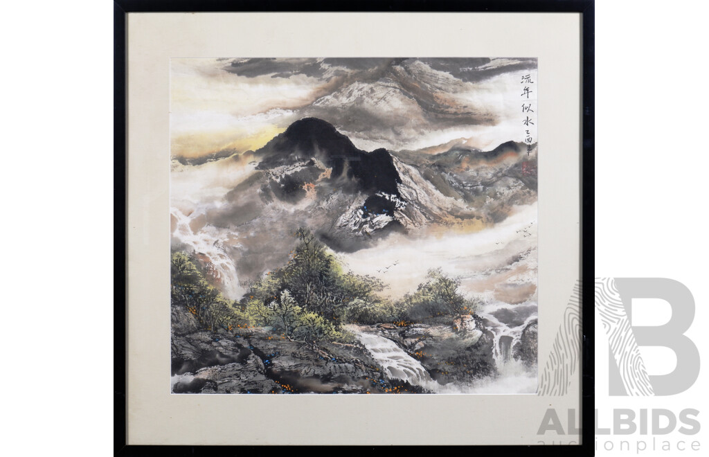Framed Chinese Ink and Gouache Landscape Painting