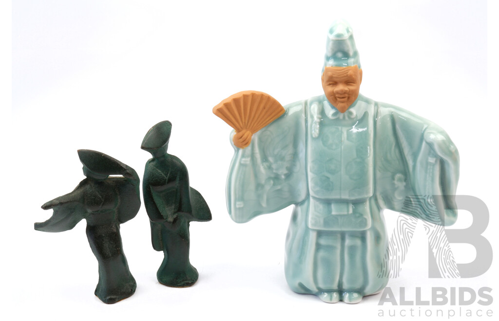 Japanese Glazed Ceramic Okina Noh Figure with Two Glazed Ceramic Geisha