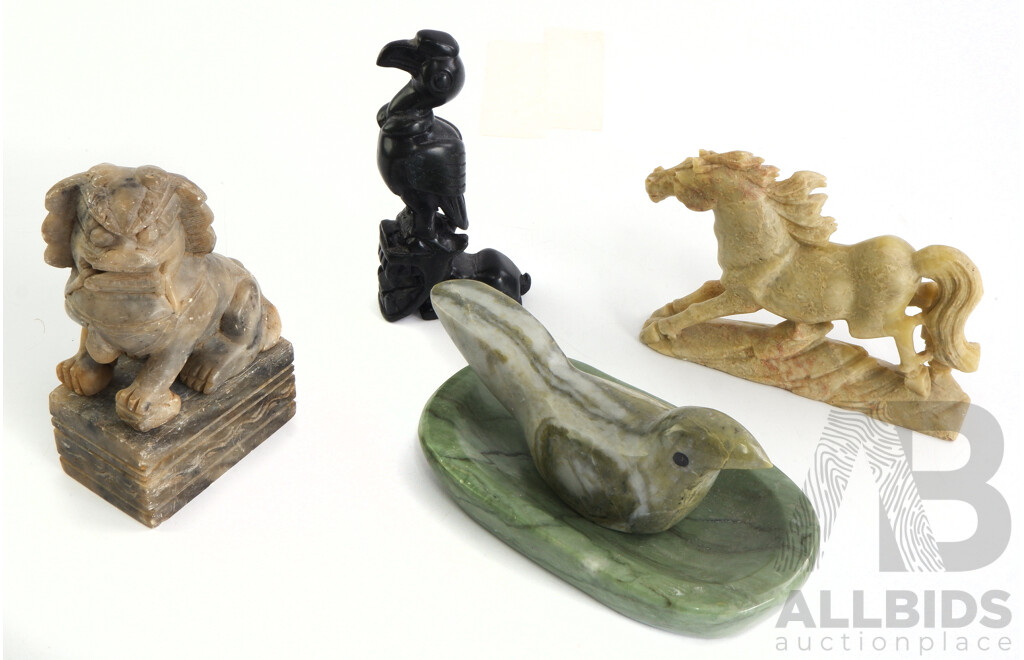 Collection of Vintage Carved Stone Animals, Including Egyptian Scarab Beetle