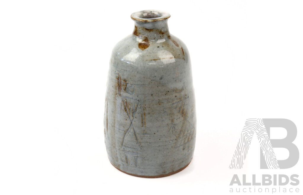 Vintage Glazed Studio Pottery Vase with Incised Decoration, Marked AM to Base 