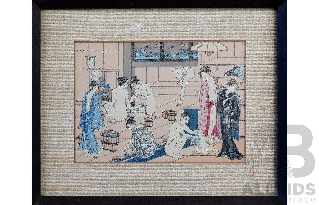 Torii Kiyonaga (1752-1815, Japanese) Bathers, Wood Block, Image 13 by 18cm