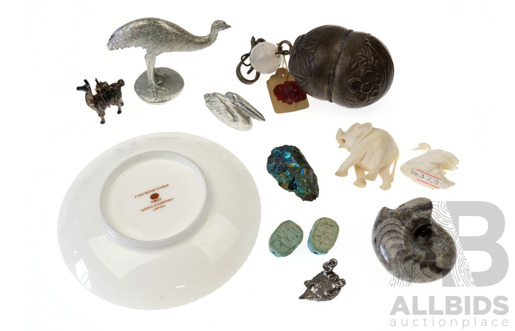 Ammonite Fossil, Ivory Elephant and Swan, Scarab Beetle Beads and More