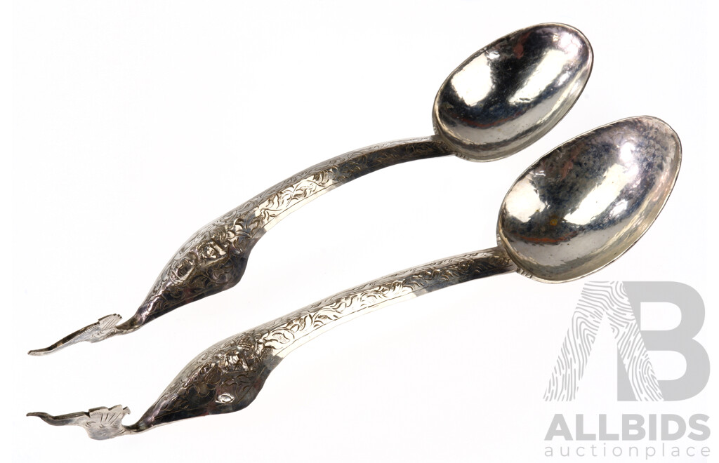 Two Thai Engraved Silver Serving Spoons