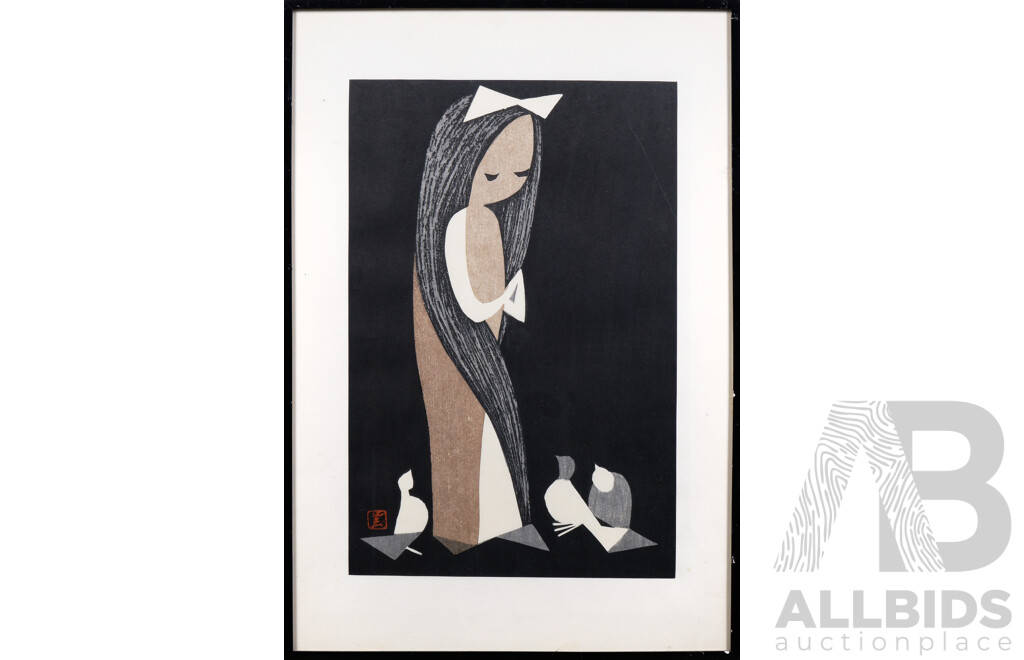 Kawano Kaoru (1916-1965, Japanese), Girl with Birds, Woodcut