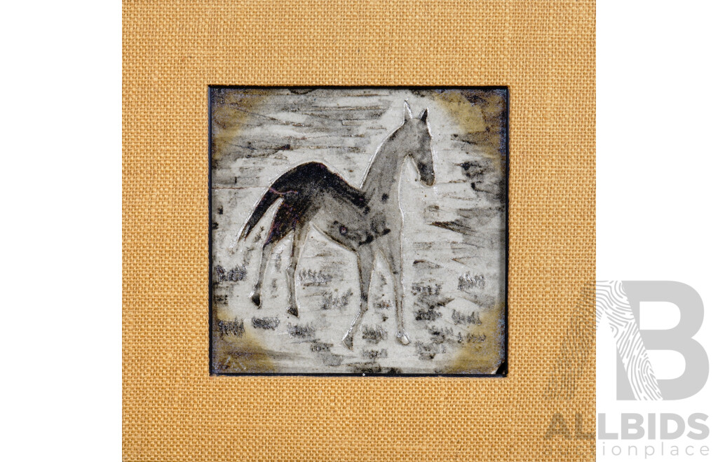 Japanese Mounted Glazed Ceramic Tile Depicting A Horse, Framed 33 by 33cm 