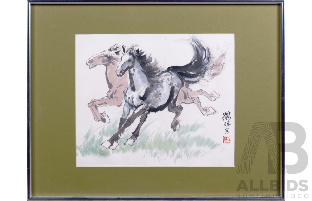 Chinese Galloping Horses, Ink on Paper, Framed 41 by 52cm 
