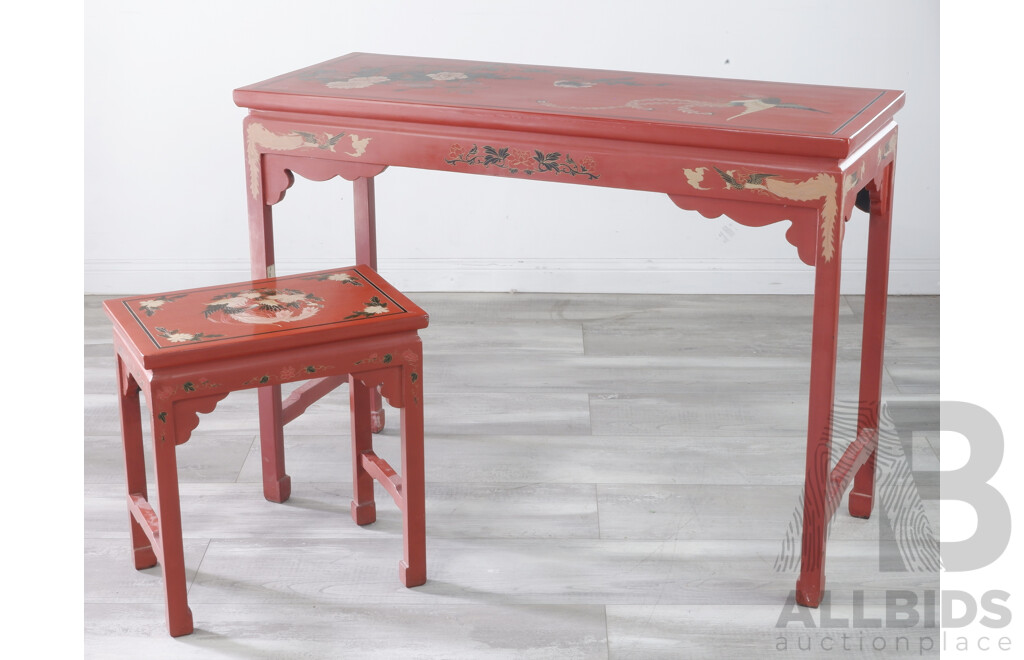 Vintage Japanese Red Lacquer Writing Desk With Phoenix and Peony Motif, with Matching Stool