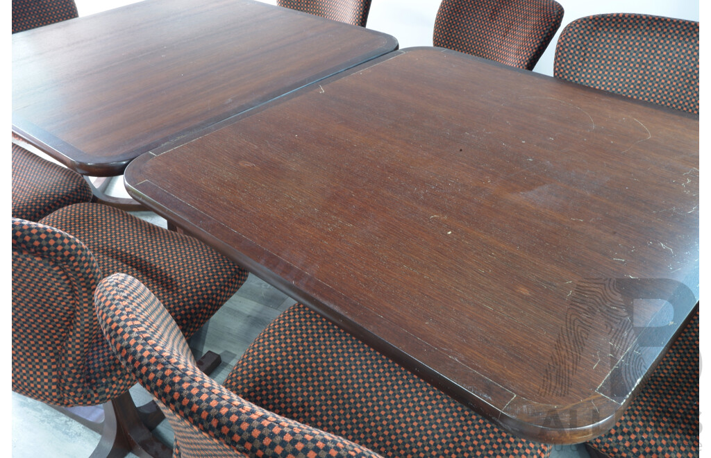 Pair of Vintage Catt Furniture Jarrah Dining Tables with Eight Checkerboard Upholstered Dining Chairs
