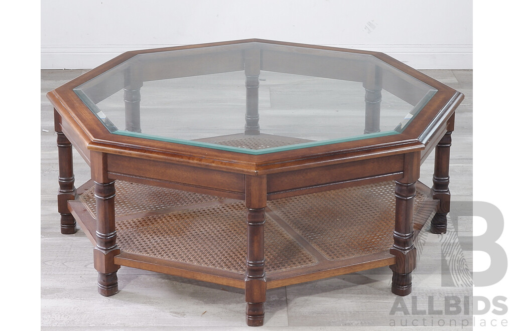 Vintage Octagonal Coffee Table with Bevelled Glass and Rattan Shelf Below