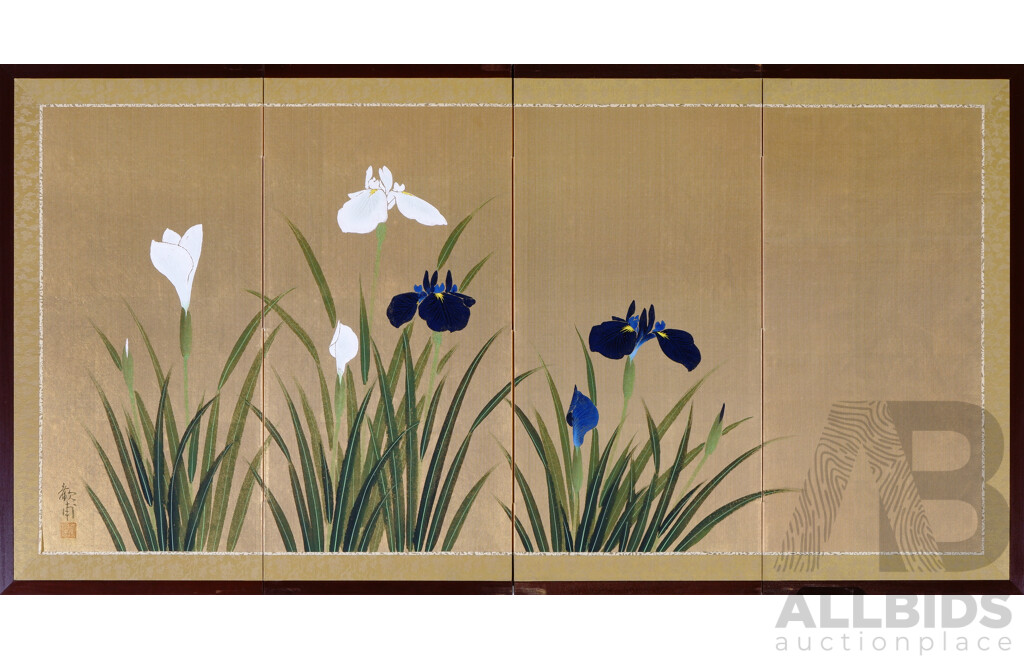 Japanese Painting on Rice Paper On Four Folding Panels