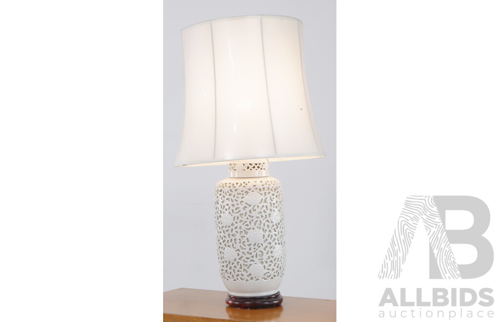 Large Japanese Pierced Ceramic Table Lamps with Fluted Linen Shades