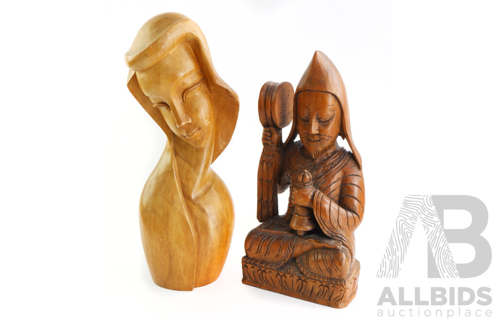 Carved Hardwood Seated Monk with Vintage Carved Hardwood Bust