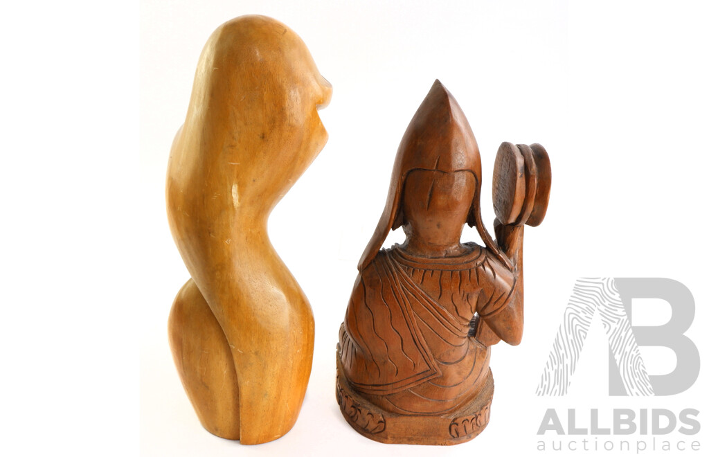 Carved Hardwood Seated Monk with Vintage Carved Hardwood Bust