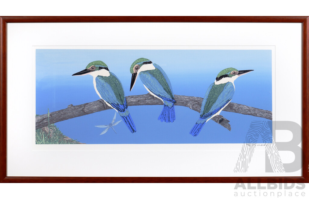 Kim Neubauer, Kingfishers Silk Screen Print, 34/50, Framed 45 by 84cm