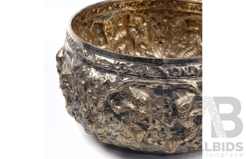 Vintage Thai Heavily Repousse Silver Bowl Decorated with Dancing Figures