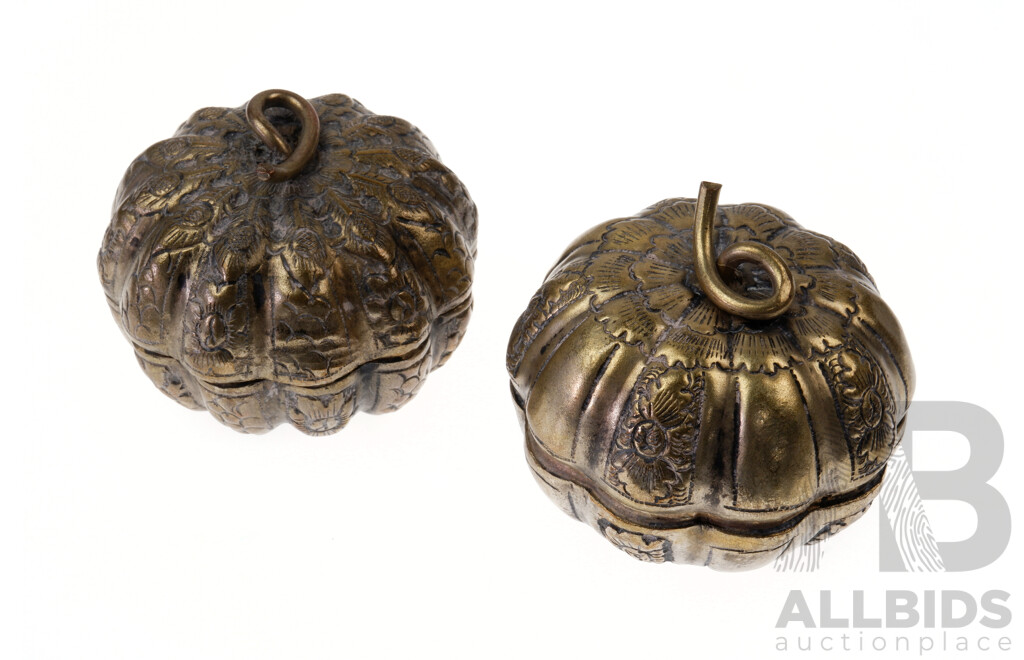 Near Pair of Vintage South East Asian Silver Plate Pumkin Form Boxes