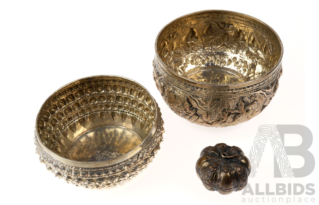 Two Vintage Thai Heavily Repousse Silver Bowls