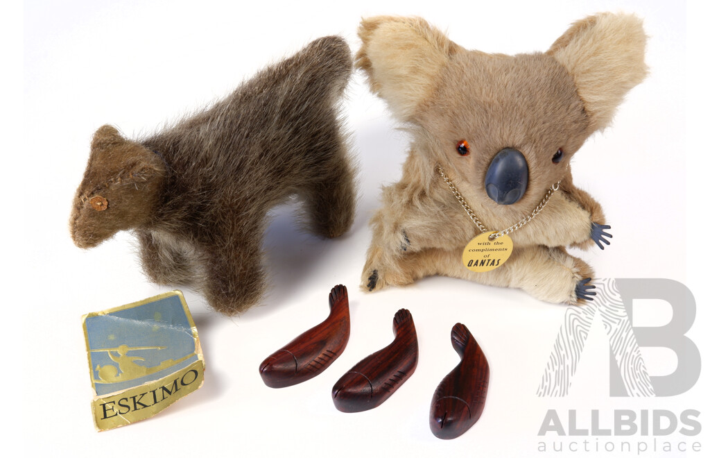 Vintage Qantas Koala Souvenir, Vintage Fur Dog Made by Eskimo, Three Rosewood Fish, 