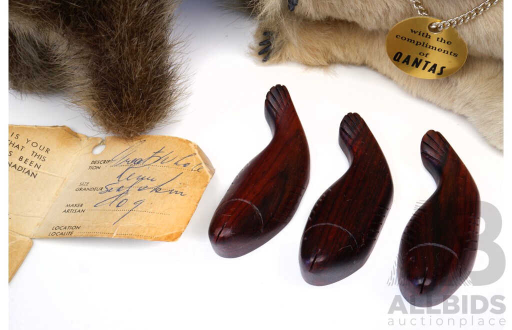 Vintage Qantas Koala Souvenir, Vintage Fur Dog Made by Eskimo, Three Rosewood Fish, 