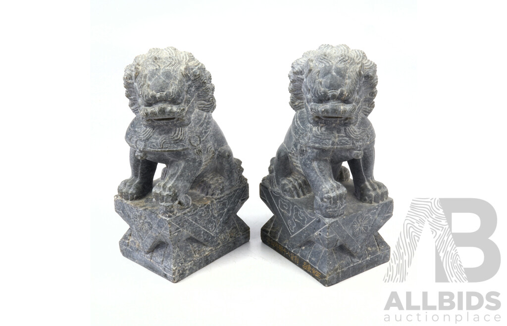 Pair of Vintage Chinese Carved Stone Temple Lions