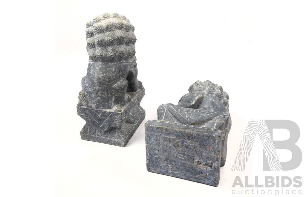 Pair of Vintage Chinese Carved Stone Temple Lions