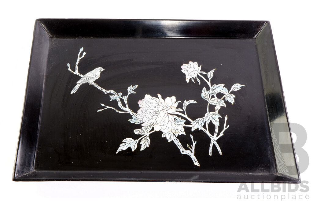 Vintage Japanese Black Lacquer and Shell Inlaid Tray