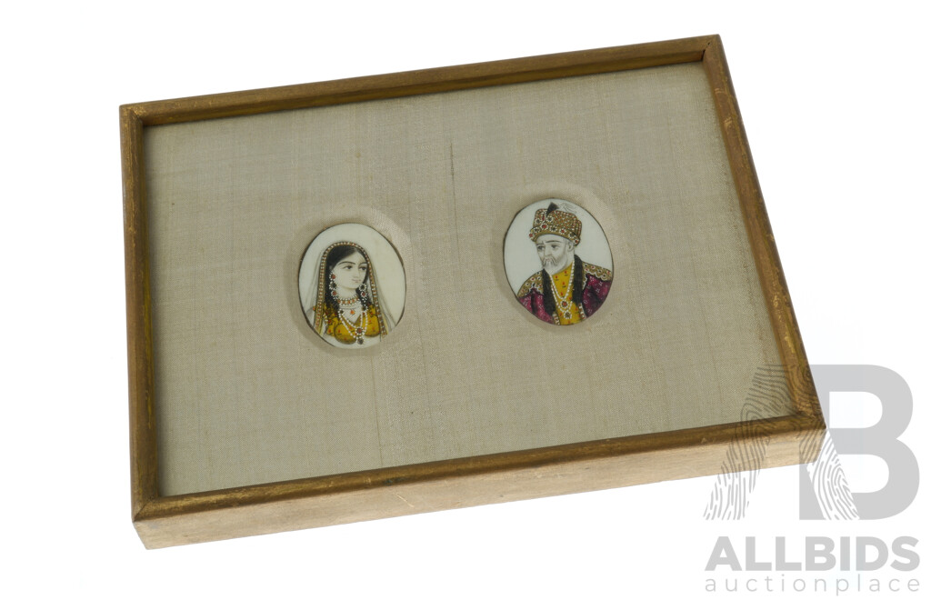 Indo-Persian Miniature Portraits, Painted on Bone, Framed 11 by 15cm