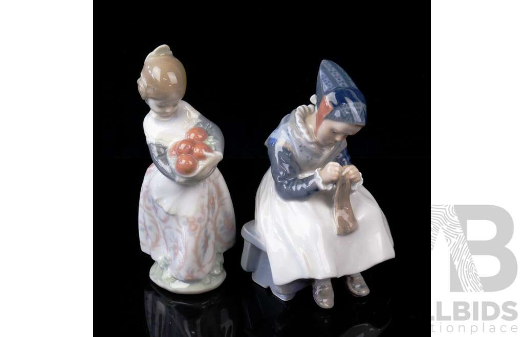 Vintage Lladro Figure of a Girl with Fruit with Vintage Royal Copenhagen Figure of a Woman Sewing