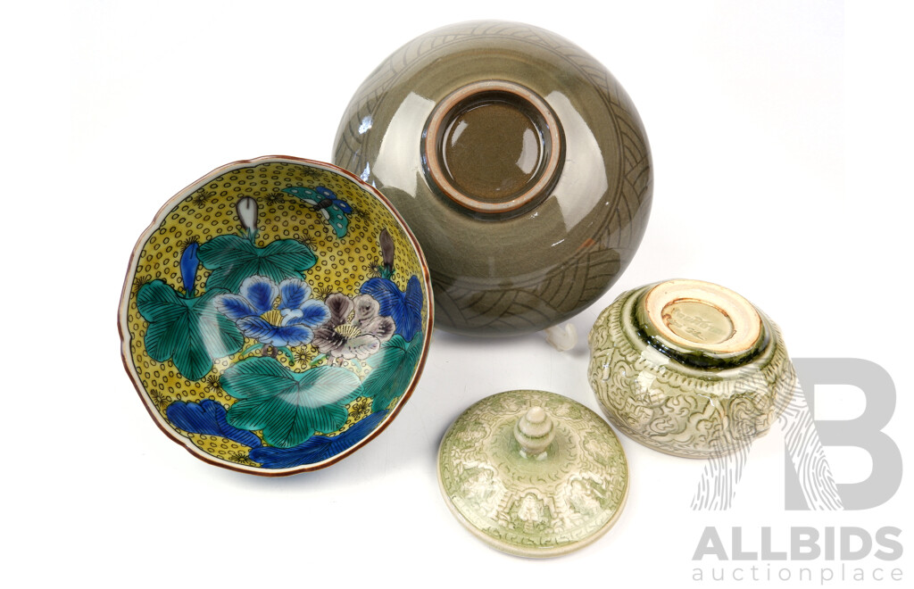 Vintage Japanese Glazed Ceramic Bowl, Thai Celadon Box and Another