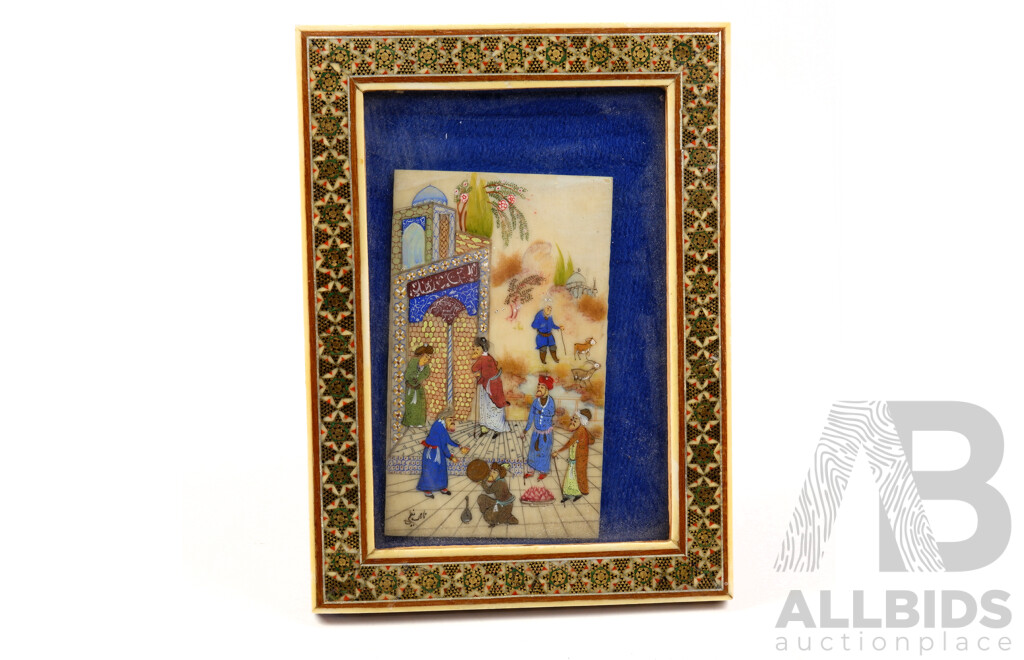 Indo-Persian Miniature Painting on Bone in Sadeli Work Frame, Framed 16 by 12cm