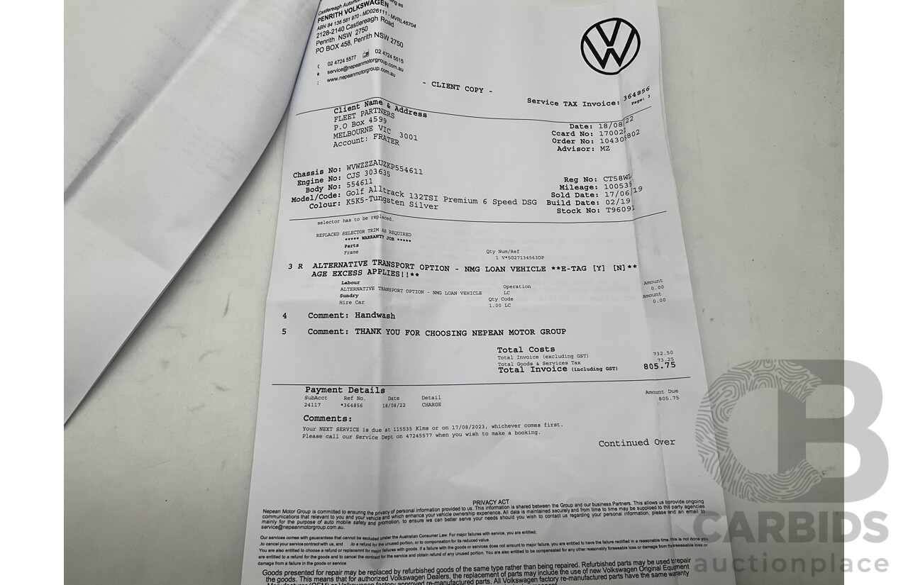5/2019 Volkswagen Golf Alltrack Premium 132 TSI MK 7.5 (AWD) MY19.5 4d Wagon Tungsten Silver Metallic Turbo 1.8L