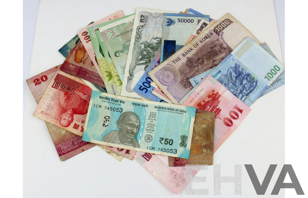 Collection of Foreign Bank Notes Including India, Korea, Indonesia and More